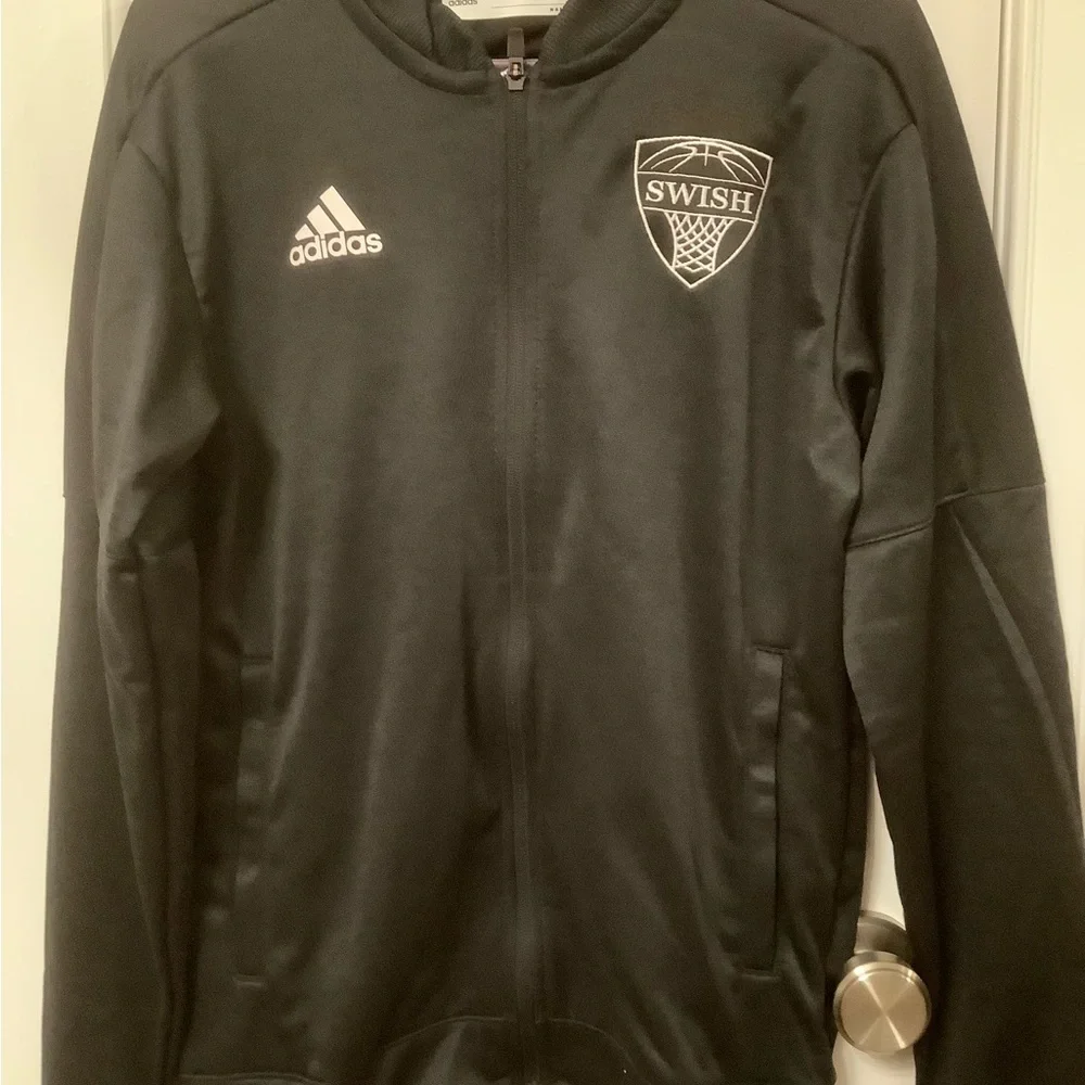 NWT Adidas Black Warm Up Jacket with Embroidered “Swish”